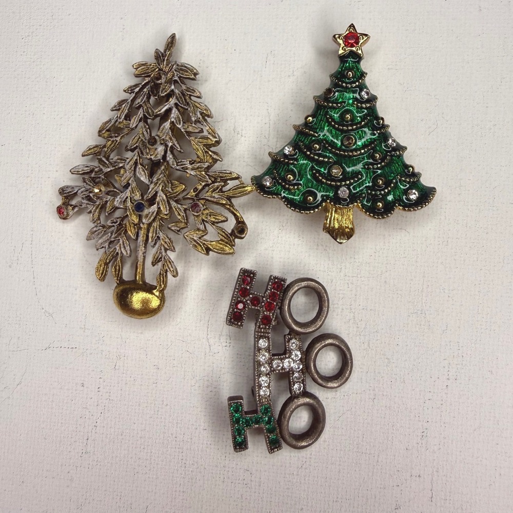 Vintage Christmas Brooches Lot of 3 Christmas Trees Rhinestones